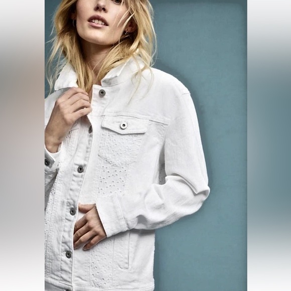 Anthropologie white Stretch Denim Eyelet Lace Trim Denim Jacket XS Fits Large - Picture 2 of 15